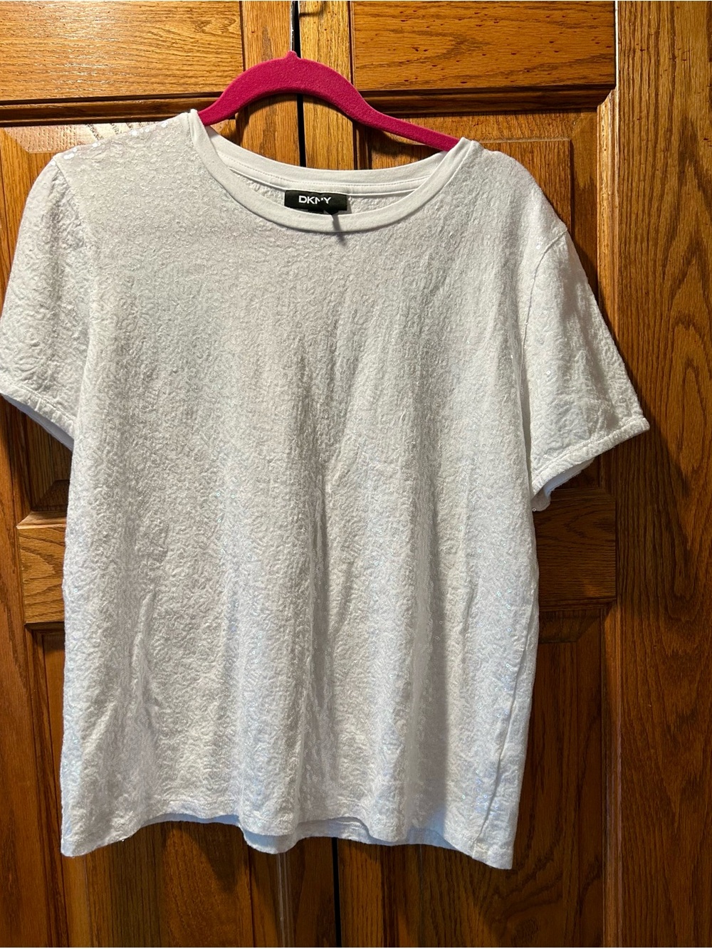 DKNY White Short Sleeve Tee with Subtle Sequin Detail